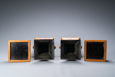 A pair of Japanese square lacquerware and rayskin vases on stands, Meiji, 19th C.