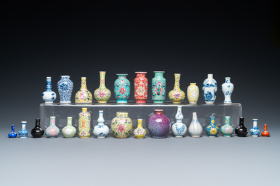Twenty-eight Chinese blue and white and famille rose minature vases, Kangxi and later