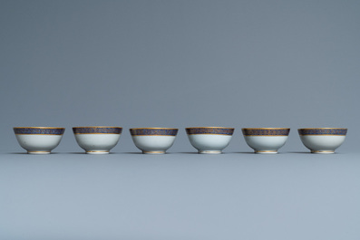 Six rare Chinese monogrammed gilt-ground cups and saucers, Yongzheng/Qianlong