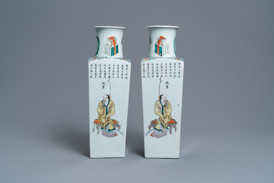 A pair of square Chinese famille verte 'Wu Shuang Pu' vases, Kangxi mark, 19th C.