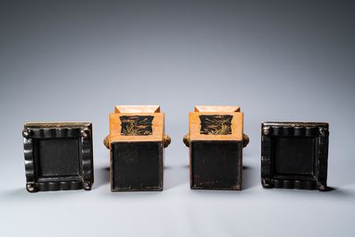 A pair of Japanese square lacquerware and rayskin vases on stands, Meiji, 19th C.