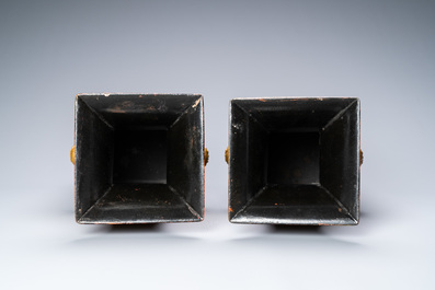 A pair of Japanese square lacquerware and rayskin vases on stands, Meiji, 19th C.