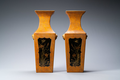 A pair of Japanese square lacquerware and rayskin vases on stands, Meiji, 19th C.