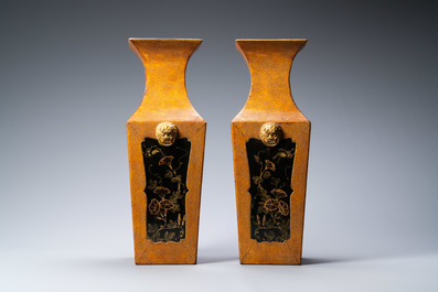 A pair of Japanese square lacquerware and rayskin vases on stands, Meiji, 19th C.