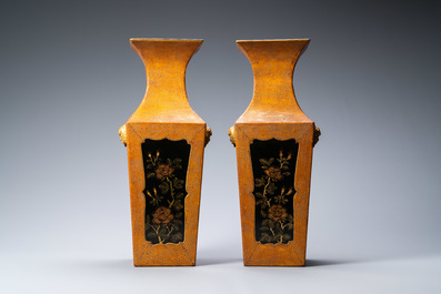 A pair of Japanese square lacquerware and rayskin vases on stands, Meiji, 19th C.