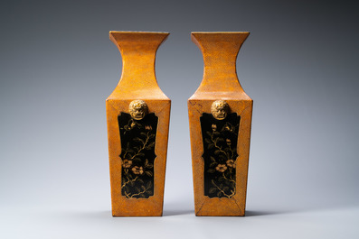 A pair of Japanese square lacquerware and rayskin vases on stands, Meiji, 19th C.