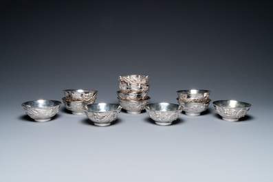 Twelve Chinese silver 'dragon and phoenix' bowls, Republic