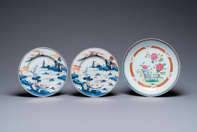 Six Chinese famille rose, verte and Imari-style plates and one dish, Kangxi/Qianlong