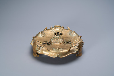 A large Chinese bronze censer and cover on stand with sea animals and shells, Qing