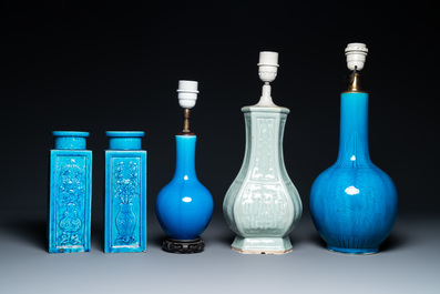 Four Chinese monochrome turquoise vases and a celadon vase, 19/20th C.