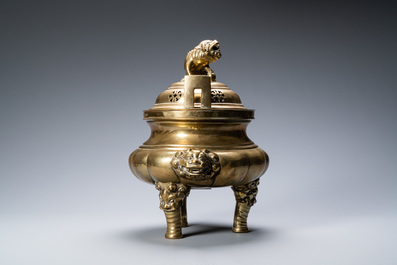 A large Chinese bronze censer and cover on stand, Xuande mark, 19th C.