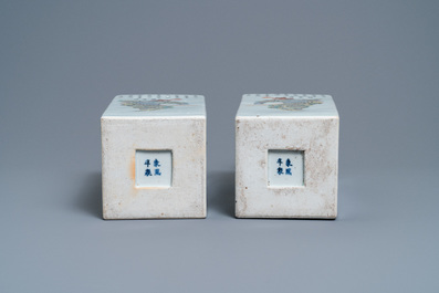 A pair of square Chinese famille verte 'Wu Shuang Pu' vases, Kangxi mark, 19th C.