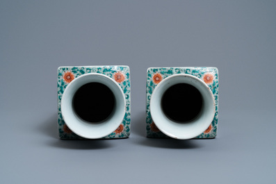 A pair of square Chinese famille verte 'Wu Shuang Pu' vases, Kangxi mark, 19th C.