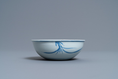 A Chinese blue and white 'Xi Xiang Ji' shallow bowl depicting Cui Yingying and her mother, Kangxi