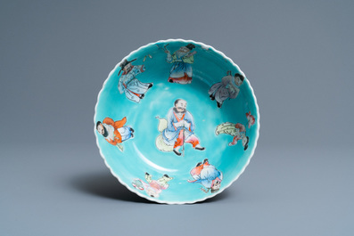 A Chinese famille rose turquoise-ground bowl, Qianlong mark, Republic