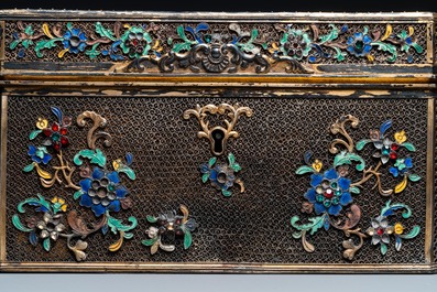 A rare Chinese imperial filigree, gilt and polychrome enamelled silver lidded box inlaid with precious stones, Qianlong