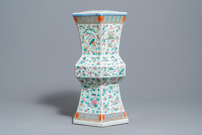 A Chinese hexagonal famille rose garden seat, 19th C.
