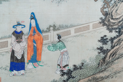 Ecole chinoise, encre et couleurs sur soie: 'Deux sc&egrave;ne aux femmes au bord d'une fleuve', 19&egrave;me