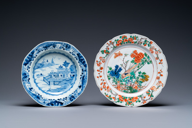 Two Chinese blue and white and famille verte dishes and two vases, Kangxi and later
