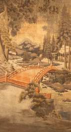 Three large Japanese silk embroideries with landscapes, Meiji, 19th C.