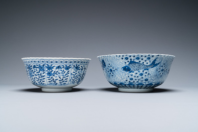 Three Chinese blue and white dishes and two bowls, Kangxi and later