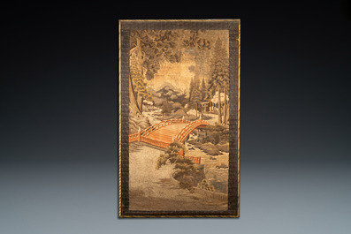 Trois grands panneaux en broderie de soie &agrave; d&eacute;cor de paysages, Japon, Meiji, 19&egrave;me