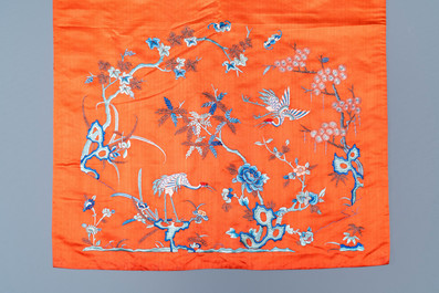 Three Chinese embroidered silk panels with elephants and buddhist lions, 19th C.