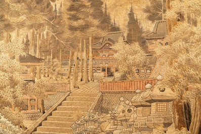 Three large Japanese silk embroideries with landscapes, Meiji, 19th C.
