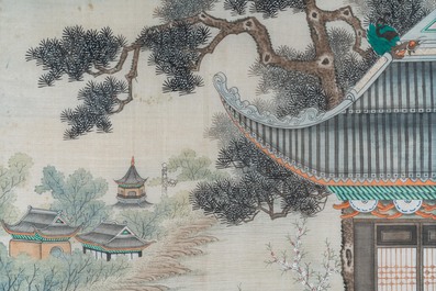 Chinese school, ink and color on silk: 'Two scenes with ladies near a river', 19th C.