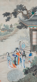 Ecole chinoise, encre et couleurs sur soie: 'Deux sc&egrave;ne aux femmes au bord d'une fleuve', 19&egrave;me