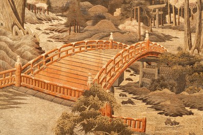 Trois grands panneaux en broderie de soie &agrave; d&eacute;cor de paysages, Japon, Meiji, 19&egrave;me
