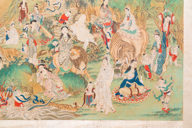 Chinese school, ink and color on canvas: 'Mountainous landscape with goddesses, mythical animals and boys', 19/20th C.