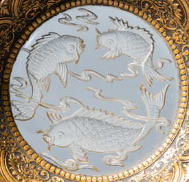 A Chinese gilt metal-mounted etched glass cup stand with carps, Qing