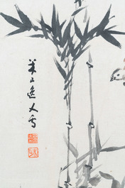 Mi Shan, ink and color on paper: 'Birds near bamboo branches', dated April 1916