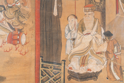 Chinese school, ink and color on paper: 'One of the ten kings of hell', Qing