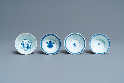Nine Chinese blue and white and famille rose saucers and six cups, Kangxi/Qianlong