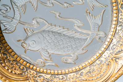 A Chinese gilt metal-mounted etched glass cup stand with carps, Qing