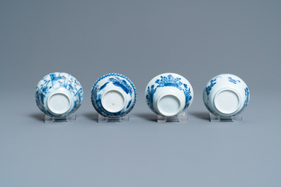 Negen Chinese blauw-witte en famille rose schotels en zes koppen, Kangxi/Qianlong