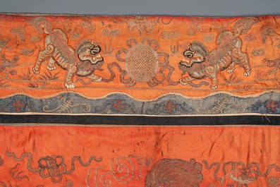 A Chinese gold thread-embroidered silk 'Buddhist lions' panel, 19th C.