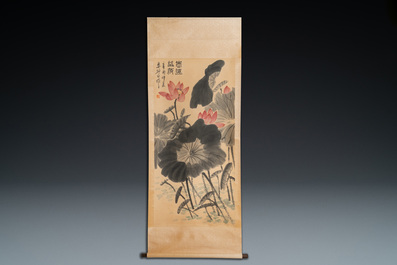 Lou Shibai (1918-2010), inkt en kleur op papier: 'Lotusbloemen'