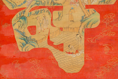 Chinese school, ink and color on paper: 'Shou painting with immortals', 19th C.