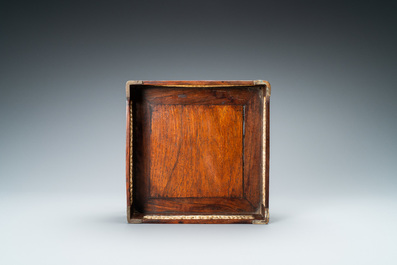 A Chinese square wooden tray with reticulated carved bone side panels, 18/19th C.