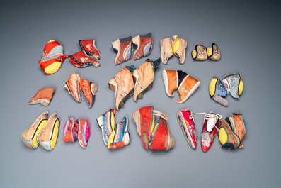 A collection of 44 pairs of Chinese silk and cotton lotus shoes, Qing and Republic
