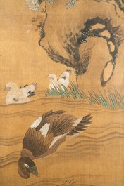Ecole chinoise, encre et couleurs sur soie: 'Paysage aux oiseaux', 17/18&egrave;me