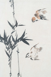 Mi Shan, ink and color on paper: 'Birds near bamboo branches', dated April 1916