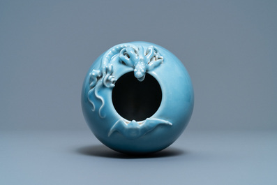 A Chinese monochrome lavender-blue brush washer with a dragon, Yongzheng mark, Republic