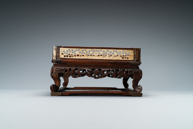 A Chinese square wooden tray with reticulated carved bone side panels, 18/19th C.