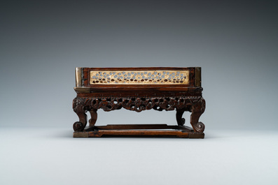 A Chinese square wooden tray with reticulated carved bone side panels, 18/19th C.