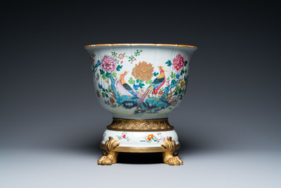A Chinese famille rose jardini&egrave;re on ormolu bronze and porcelain stand, Qianlong