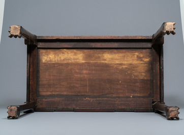 A Chinese wooden marble top table, 19/20th C.